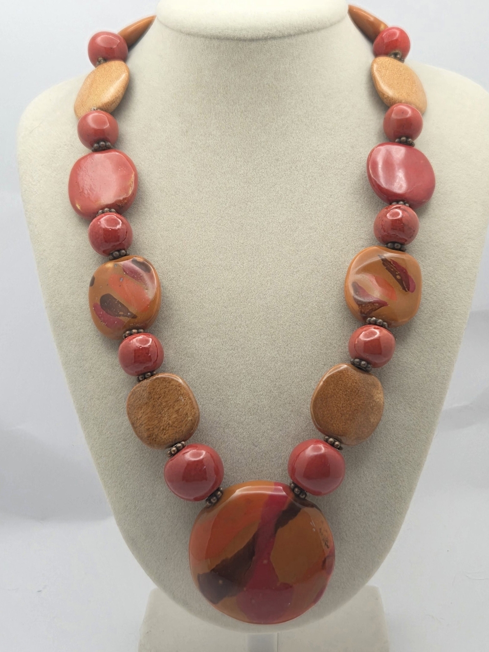 Boho Chunky Glazed Ceramic & Wood Bead Statement Necklace Earth Tones 17"